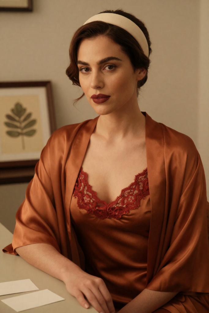 HuarenCa muse in a bronze silk slip dress at a desk with a pressed leaf
